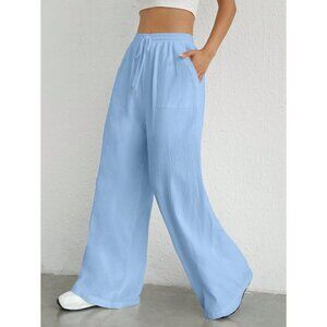 Cotton wide leg pants textured drawstring waist large pockets boho preppy blue